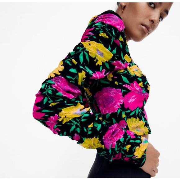 Zara Black Floral Long Sleeve Crop Top Womens Medium Sweetheart Babydoll - Picture 2 of 12